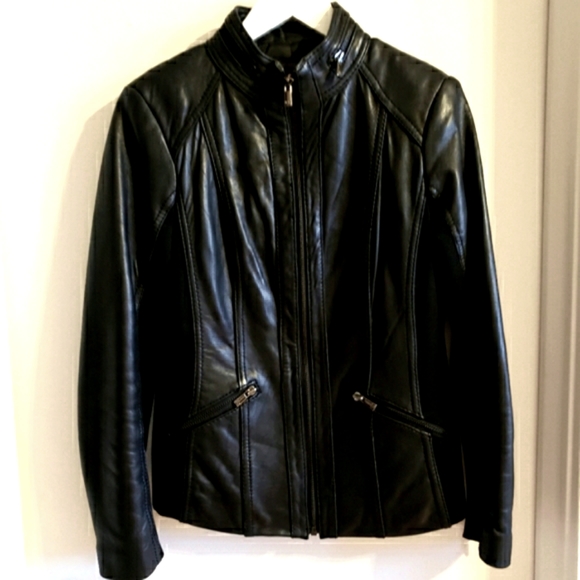 Jones New York Leather Dress Jacket Stretch Material Inside Arm Lined Woman Med - Picture 1 of 15